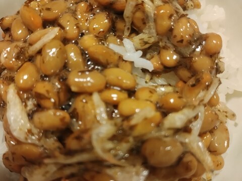 アカモクと素干しエビの納豆かけご飯